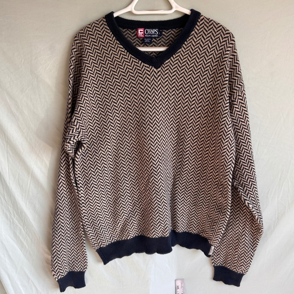 Chaps Ralph Lauren Mens Large V-Neck Herringbone Cotton Knit Sweater Navy Tan